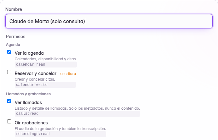 New key form with a name and read-only permissions ticked
