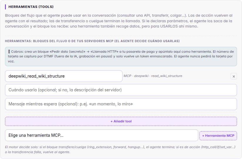 MCP tool picker in the agent's Tools tab